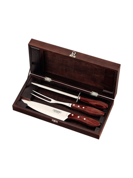 JUEGO P/ ASADO 4PZAS CHURRASCO CEREZO CAJA MADERA TRAMONTINA